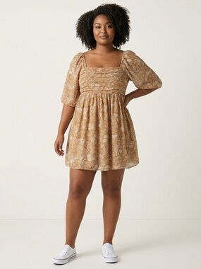 Wallflower Floral Dress Small Tan Cream Puff Sleeve Cottagecore Babydoll Mini